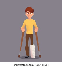 Boy with a broken leg in a cast vector illustration