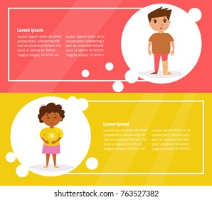 Boy with a broken leg and a girl with abdominal pain. Medical banner