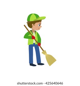 Boy With A Broom Outdoors Bright Color Simple Style Flat Vector Illustrations On White Background