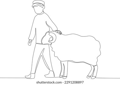 A boy brought a lamb for sacrifice. Eid al-Adha one-line drawing