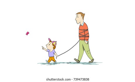 The boy brought out his dad to walk and wants to catch a butterfly, cartoon vector illustration isolated on white background.