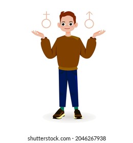 boy in brown clothes shows two signs with gender identity