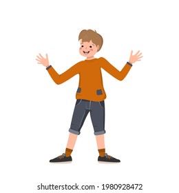 Boy with brown hair, face in a shirt, shorts and sneakers smile. Happy kid spread his arms, hugs. A teenager in casual summer clothes rejoices. World international children day. Vector illustration