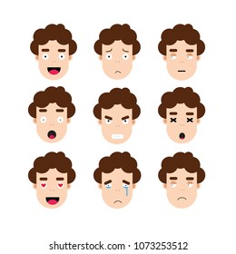 boy with brown hair, flat face, set of emotions