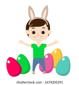A boy with brown hair and rabbit ears on his head stands joyfully with his arms outstretched near multi-colored decorative eggs. The baby is smiling. Illustration of Easter tradition of egg hunter.