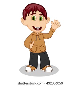 Boy with brown jacket and black trousers waving his hand cartoon vector illustration