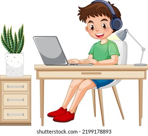 A boy browsing internet on laptop illustration