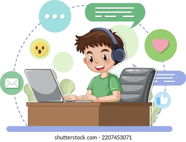 Un niño navegando por Internet en la ilustración de un portátil