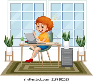 A boy browsing internet on latop illustration