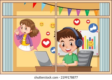 Un niño navegando por los medios sociales en una laptop en la ilustración de su casa