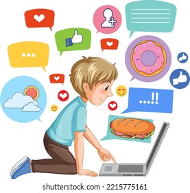Un niño navegando por los medios sociales en la ilustración de una laptop