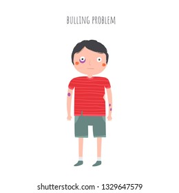 Boy with bruises on body, black eye, torn clothes after fighting. School kids bulling problem background