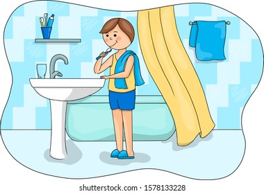 Boy brushes his teeth. . Children vector illustration. Bright illustration. Textbook for children. Baby hygiene