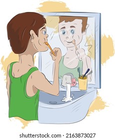 El chico se cepilla los dientes delante del espejo en el baño. rutina diaria de higiene
