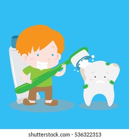 Boy brushing dirty tooth with big tooth brush and tooth paste cute isolated vector stock for educational purpose