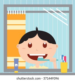 Boy brushing him teeth in front of a mirror in the bathroom. Happy baby with healthy teeth, toothpaste and toothbrush.
Vector flat  illustrations.