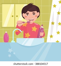 Boy brushing his teeth in the bath. Child. Hygiene.  Vector isolated illustration. Cartoon character. 