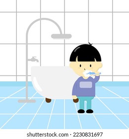 A boy is brushing his teeth in the bathroom. Suitable for children's book illustration