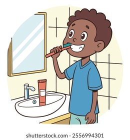 A boy brushing his teeth in a bathroom setting, promoting dental hygiene.