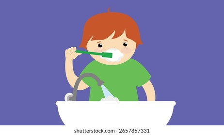 Menino escovando os dentes no banheiro. Ilustração vetorial em estilo plano