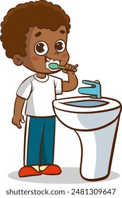 Boy brushing his teeth and rinsing with water, kid caring for teeth in bathroom vector Illustration on a white background