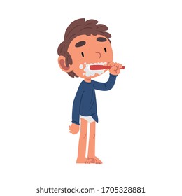 Niño cepillado los dientes, escolar Ejercicio rutinario Dibujo vector de animación