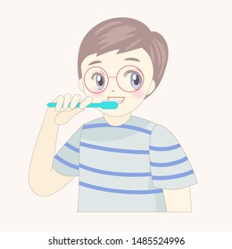 Boy brushing his teeth with a toothbrush.Children dentistry teeth hygiene concept. Kids brushing teeth motivational clip art. Flat vector illustration