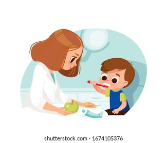 Boy brushing his teeth with toothpaste in a dentist's office. Dental care. Proper teeth cleaning.  Daily hygiene routines. 