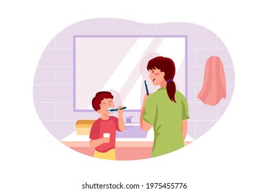 Boy brushing his teeth with toothpaste.