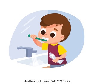 Boy brushing his teeth with toothpaste and tooth brush. Dental care. Proper teeth cleaning. Daily hygiene routines.