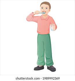 boy brushing his teeth while holding a glass of water