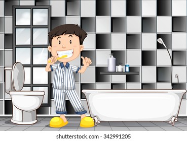 Niño cepillando dientes en la ilustración del baño