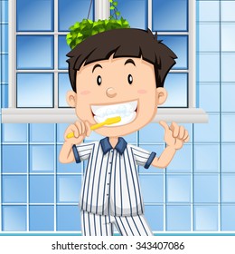 Boy brushing teeth in the bathroom illustration
