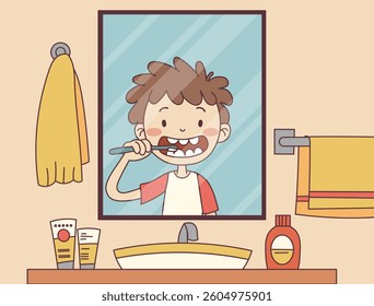 boy brushing teeth in bathroom mirror line art