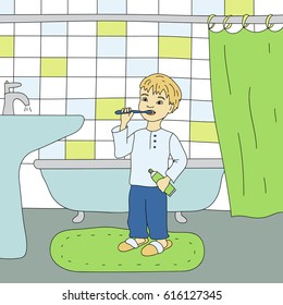 Boy brushing teeth in bathroom.Hand drawn vector illustration.