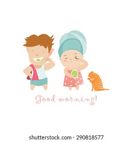 Boy brushing teeth and cute girl painting eyelashes with mascara. Vector isolated illustration