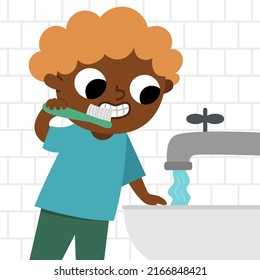 Boy brushing teeth icon. Cute kid caring about his teeth. Child doing daily routine. Morning ritual or healthy lifestyle concept
