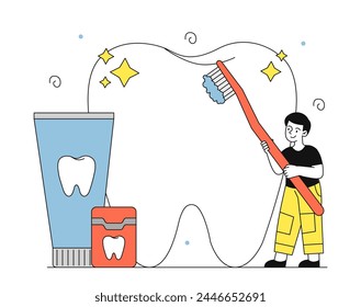 Boy brushing teeth linear. Teenager with brush and toothpaste. Oral cleanliness and hygiene. Healthy lifestyle and daily routine. Doodle flat vector illustration isolated on white background