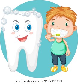 Boy brushing teeth next to healthy teeth illustration