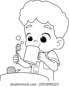 Niño cepillando dientes con pasta dental sosteniendo una taza de agua para limpiar la rutina diaria. Ilustración vectorial.