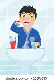 Boy Brushing Teeth Vector Illustration