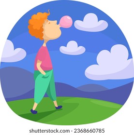 Junge mit Kaugummi, Illustration, Vektorgrafik auf weißem Hintergrund.