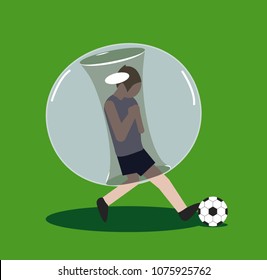 boy in bubble playing with soccer ball on grass. BOY in inflatable zorb suits play soccer. Bumper ball a football game. Vector cartoon flat illustration.