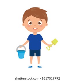 boy with bucket and tools to play on white background vector illustration design