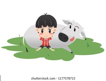 the boy and buffalo resting
in garden vector illustration