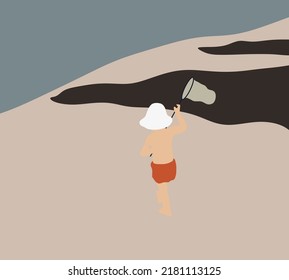 Boy with bug net in her hands playing on the beach. Summer vacation. Outdoor learning concept.