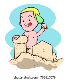 Boy build a sand castle on the beach cartoon vector