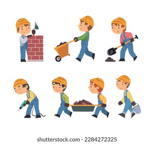 Boy-Builder-Zeichen im Allgemeinen und Hard-Hut-Arbeiten mit Bauwerkzeugen Vector Set