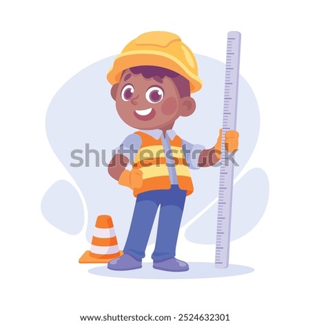 Boy Builder in Hard Hat with Instrument as Child Profession Vector Illustration