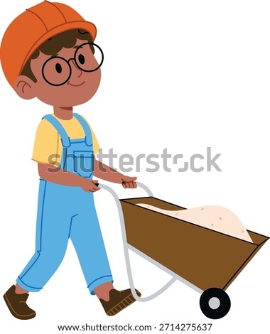 Boy builder in hard hat and overall pushes a wheelbarrow loaded with sand, walking in profile with glasses and smile. Concept of work ethic, construction help, teamwork. Cartoon vector illustration.